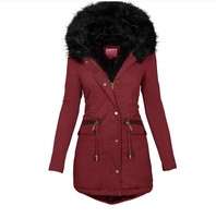 Veste en coton chaud à capuche et col en fourrure unie pour femmes européennes et américaines d'automne et d'hiver