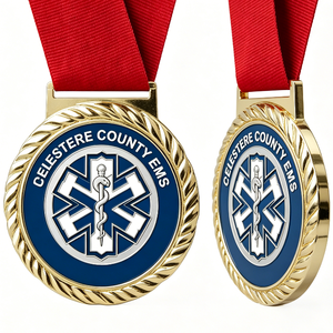 Medalla de EMS del Condado de Celestere, Chapada en Oro, Aleación de Zinc, Esmalte Duro Circular, con Cinta Roja, Regalo Empresarial - Product Image 6