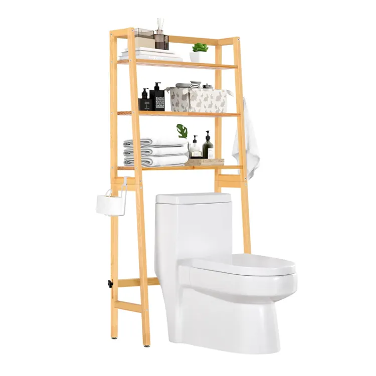 Support de toilette en bois personnalisé à 3 niveaux organisateur économiseur d'espace de salle de bain autoportant au-dessus de la toilette avec porte-papier hygiénique