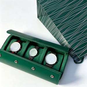 Étui à montres en similicuir vert, 3 emplacements, doublure en velours, fermeture à pression, organisateur de rangement protecteur - Product Image 4