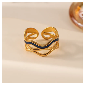 Bague de mode féminine en acier titane plaqué or, design ondulé simple, goutte à goutte irrégulière, style droit, bague ouverte ne se décolore pas. - Product Image 1