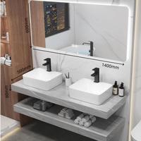 Centurymosaic Meuble-lavabo mural blanc à double vasque en pierre frittée avec miroir intelligent