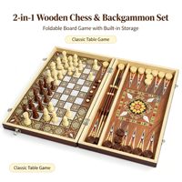 Jeu d'échecs international portable haut de gamme en bois à motif foncé, trois-en-un, pliable, avec jeux de cartes et de société, pour enfants, en boîte