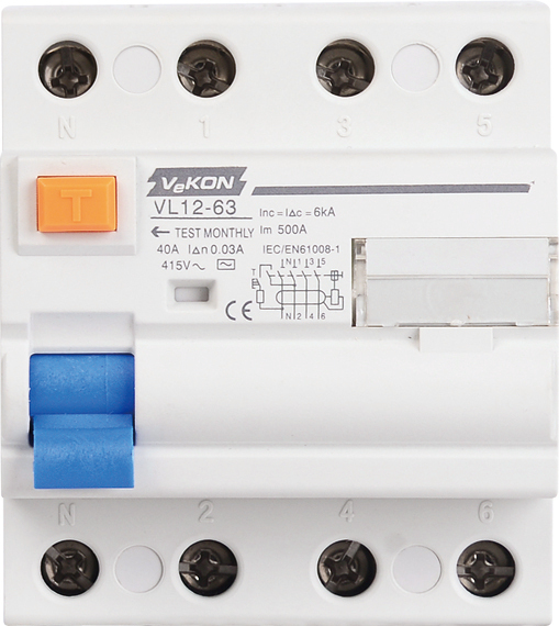 VEKON 4P 40A Residual Current Circuit Breaker (RCD)-VL12-63 30mA IEC 6 KA Breaking Capacity BCD Curve C Industrial 50Hz