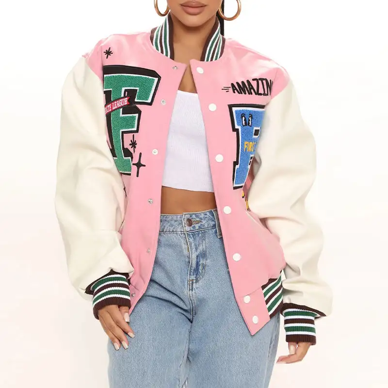 2023 Wholesale Women Chenille Embroidery Pink College Team New Custom Leather Sleeves Varsity Bomber Jacket