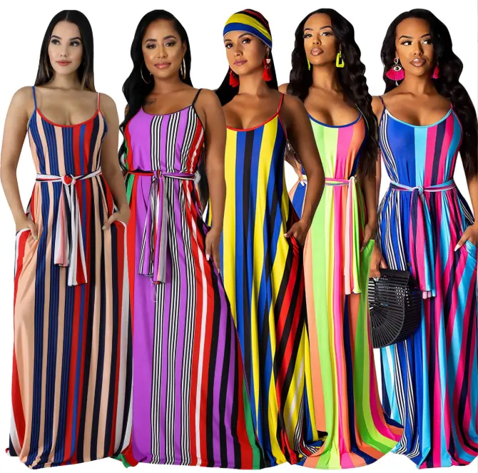 Sharee Striped Loose Women Dress Sundress Summer Fashion Casual Sling Backless Women Maxi Dress 2022