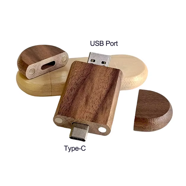 New Wedding Gift OTG USB 2.0 Wooden Memory Stick with Logo 2-in-1 Type C Thumb Drive Walnut Box for Phone