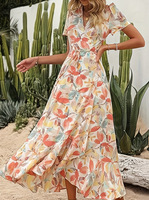 Robe longue trapèze pour femme à col en V et manches courtes, imprimée numériquement, style vintage décontracté, élégant, ample et amincissant