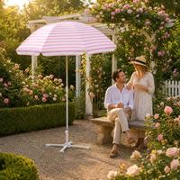 Parasol de plage rayé rose et blanc 200 cm, 8 baleines, structure en acier, polyester enduit argenté, protection solaire pour jardin, piscine, plage, terrasse