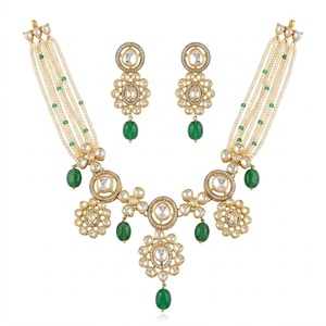 Conjunto de Collar con Cuentas Kundan de Plata 925 y Piedra Verde, Joyería Nupcial con Pendientes para Bodas y Fiestas - Product Image 6