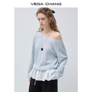VEGA CHANG Ingrosso 2026 Nuova Maglietta da <span class=keywords><strong>Donna</strong></span> Primaverile <span class=keywords><strong>Azzurra</strong></span> con Orlo Asimmetrico a Balze Vestibilità Rilassata Manica Lunga - Product Image 5