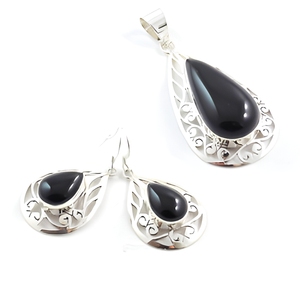 Black Onyx 925 Sterling Silver Chic Indian Jewelry Set With Elegant Handmade Pendant Earrings For Women Traditional Fashion - Product Image 1