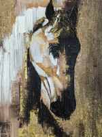 Design d'art moderne cheval abstrait peint à la main sur toile, tableau à l'huile encadré texturé feuille d'or pour salon