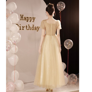 Champagne Evening Gown Women Square Collar Empire Waist A-Line 3D Stereoscopic Patterns Long Dress For Annual Meetings Art Exams - Product Image 4