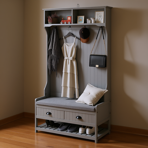 Perchero de recibidor gris con 2 cajones, 4 ganchos, banco para entrada, almacenamiento de abrigos y zapatos, diseño escandinavo moderno - Product Image 2