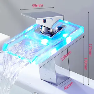 Rozin — robinet mitigeur à trou unique, robinet de salle de bains en verre LED, cascade lumineuse, 3 couleurs RGB robinet/robinet, en Chrome poli