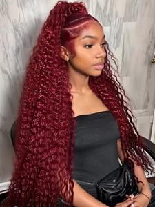 99J Burgunderrote 100% Echthaar-Perücken 30-40 Zoll Deep Wave 13x4 Lace Front Perücke 13x6 Rot Lockig für Lace Frontal Perücken HD Wasser-Kinky - Product Image 6