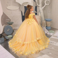 Robe de bal de princesse transfrontalière pour enfants, jaune à dentelle florale, col épaules dénudées, pour anniversaire, scène, présentatrice, défilé