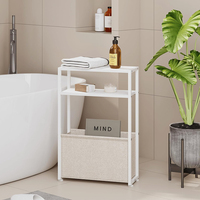 Étagère de rangement moderne à bord étroit sur pied - Trois niveaux en métal + MDF + panier en tissu pour petit espace Salon Chambre à coucher Rangement