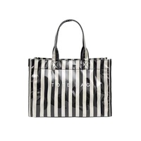 Tas Tote Wanita Kanvas Warna-warni, Ringan, Kapasitas Besar, Dua Tali, Cocok untuk Perjalanan, Bahan PVC Bergaris, Harga Terjangkau