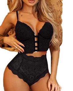 Lingerie Sexy da Donna con Scollo a V Profondo, Pizzo Trasparente, Schiena Scoperta e Vita Alta in Nero - Product Image 3