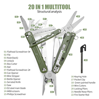 Pince multifonction professionnelle Xhandle MT-13 20-en-1 avec lame en acier D2, vert OD, outil EDC avec tige de démarrage de feu
