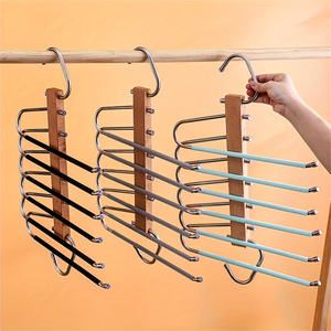 Porte-pantalon en bois massif et acier inoxydable, organisateur de vêtements pliable multi-niveaux, design minimaliste avec crochets - Product Image 1