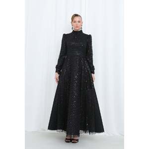 Vestido de Noche Largo para Mujer Puane, Negro, con Lentejuelas, Malla Bordada, Cuello Alto, Manga Larga y Puños de Satén, para Ocasiones Especiales - Product Image 2