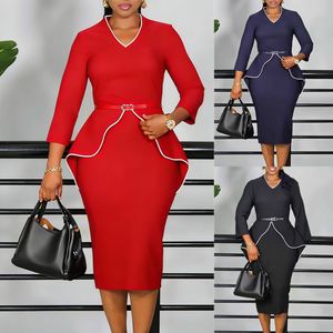 D611 Abiti Primaverili alla Moda per Donne, Eleganti e Casual con Maniche Lunghe, Scollo a V e Volant, Abiti da Ufficio per Signore - Product Image 2