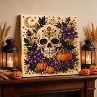 Kit de Peinture Diamant DIY Halloween Style Dessin Animé avec Diamants, Kit Complet d'Outils, Cadre pour Projets d'Artisanat : Crâne, Citrouille, Motifs Floraux