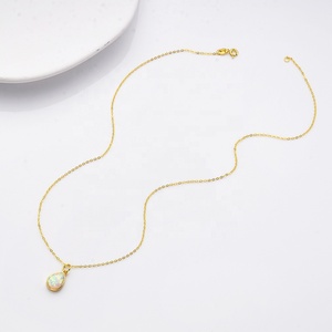 925 Sterling Silver Women Gold Plated White Synthetic <strong>Opal</strong> Water Drop <strong>Necklace</strong> - Product Image 3