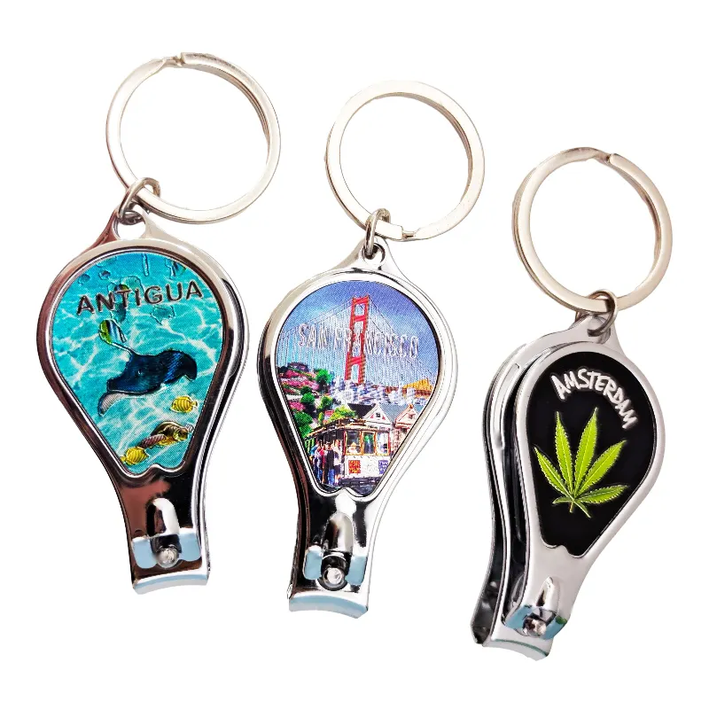 Custom Design Logo Epoxy Silver Foil Travel Souvenirs Gift Bottle Opener Nail Clippers Keychain