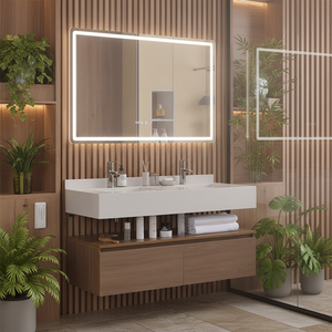 Meuble-lavabo rectangulaire mural en bois massif moderne avec miroir <span class=keywords><strong>LED</strong></span> et vasque en pierre pour hôtel et usage domestique - Product Image 1