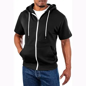 Custom supplier 500 gsm design sweatshirts black plain zip up short sleeve cotton hoodies for men