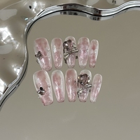 Faux ongles press-on chromés rose nude faits main sur mesure, faux ongles à ruban blanc et points noirs, pointes en cristal, ensemble glamour