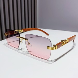 Rimless <b>Gradient</b> <b>Sunglasses</b> Wood Frame Gold Accents Retro Style Unisex UV400 Protection Adult Accessories - Product Image 1