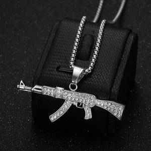 Stainless Steel Gold Plated Rhinestone AK47 Pendant <b>Necklace</b> <b>For</b> <b>Men</b> Party Jewelry Hip Hop Style - Product Image 2