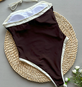 Cổ Bandeau Top Nâu chắp vá Áo Tắm sexy phụ nữ cao chân một mảnh đồ bơi - Product Image 6