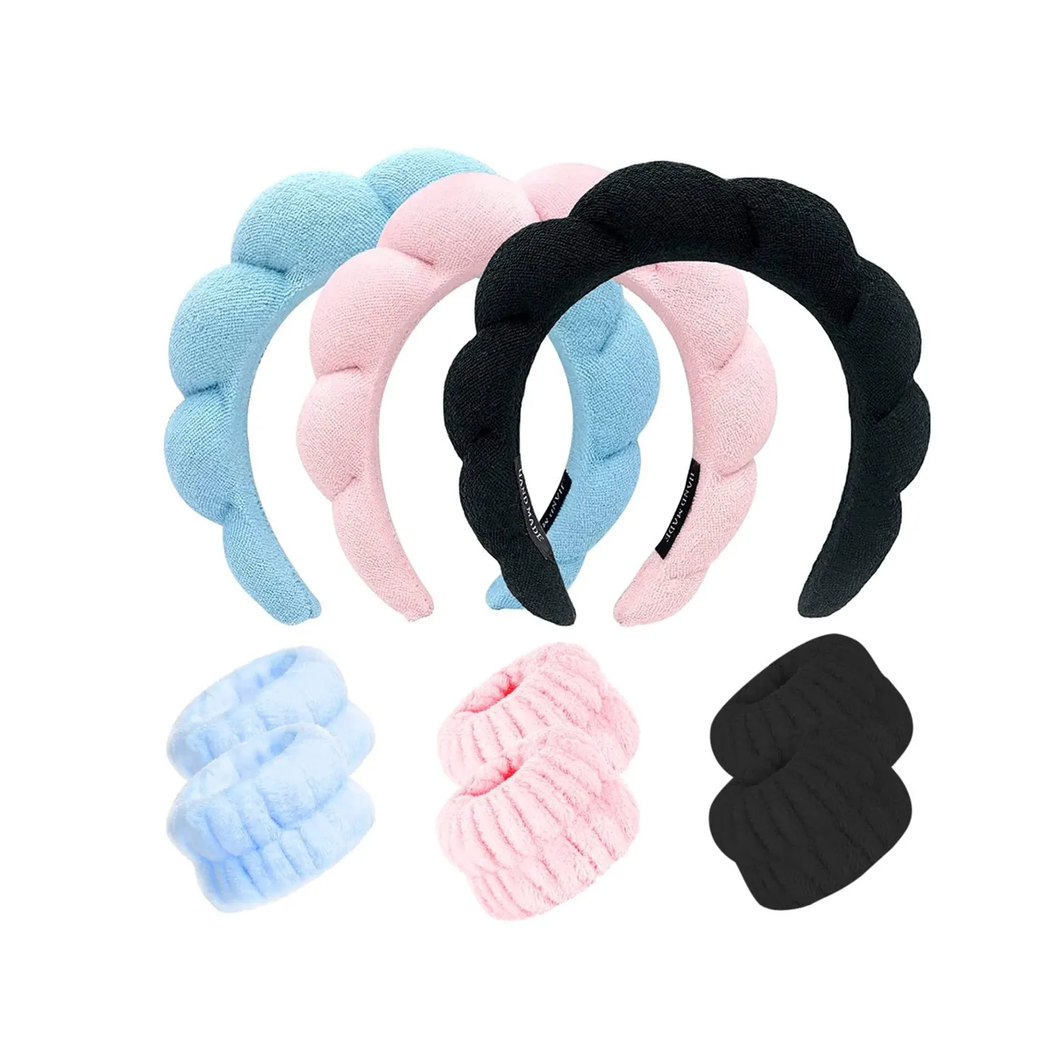 Custom Logo Soft Puffy Padded Terry Hair Bands Towel Cloth Fabric Wrist Head Band Set Vintage Makeup Sponge Spa Headbands