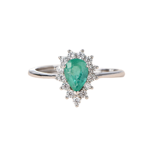 Luxury Natural <b>Emerald</b> Pear Cut Prong Set <b>Ring</b> Rhodium Plated Fine Jewelry For Women May Birthstone Wholesale - Product Image 2