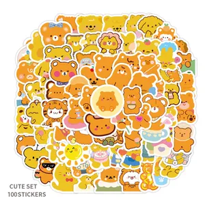 100Pcs Cute Orange Korean Bear Decorative laptop guitar Sticker Bag For Kid Wall Book Bedroom PVC Waterproof Cartoon Label Decal