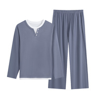 Ensemble décontracté homme hiver : haut à manches longues et pantalon en fibre de bambou, vêtement d'intérieur patchwork, col en V, doublure polaire thermique épaisse