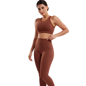 2 Piece Yoga Set High Waist <b>Leggings</b> Scoop Neck Racerback Sports Bra Seamless Solid <b>Brown</b> Full Length Workout Wear - Product Image 3