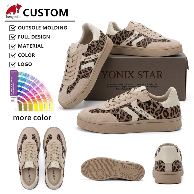 2026 Custom Tamaris Women's Leopard Print Lace-Up Round Toe Low-Top Leather Sneakers Brown 35 EU