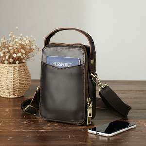 Sac de téléphone vintage en cuir Crazy Horse pour <span class=keywords><strong>homme</strong></span> avec sangle amovible, bandoulière, pochette multi-poches, compatible avec téléphone 6,7 pouces et passeport - Product Image 1