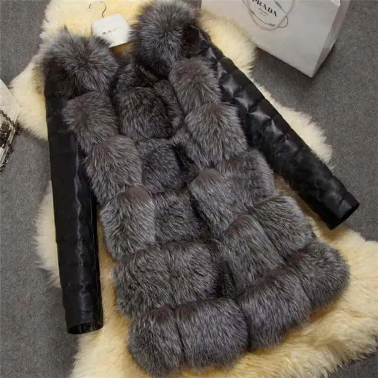 faux fur coat Slim leather jacket Women's winter black long sleeve thick warm coat