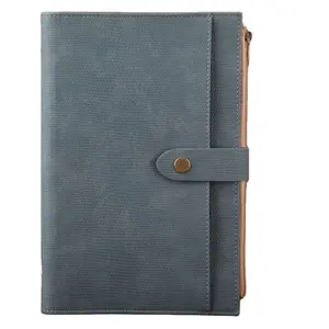 Custom Logo Blue Brown Botton Closure PU Leather Notebook Calendar Pen Loop Inner Zip Pocket Journal Business Organizer Diary