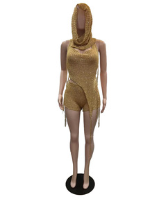 Women's Sexy Shaping Hollow <b>Sequins</b> Camisole Asymmetric <b>Top</b> Shorts Hat 3 Piece Set Fashion - Product Image 6