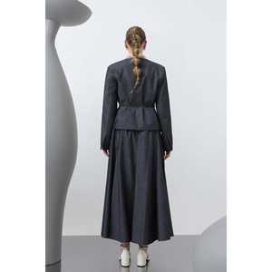Elegante Conjunto de Traje para Mujer, Color Azul Marino, Estambre, Manga Larga, Otoño, Antiarrugas, con Detalle de Cinturón - Product Image 1