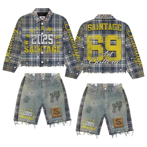 Ensemble court en flanelle délavée YUCHEN <span class=keywords><strong>haut</strong></span> <span class=keywords><strong>de</strong></span> <span class=keywords><strong>gamme</strong></span>, 100 % coton pur, 220 grammes, style décontracté, à carreaux, avec strass thermocollés - Product Image 1